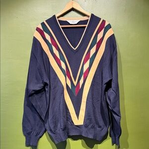 Dalmine Vintage Men's V-Neck Sweater with Navy, Gold, Green, and Red Stripes